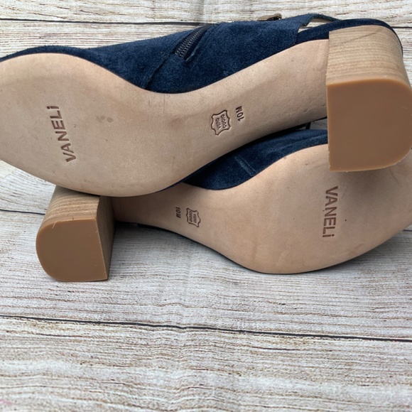 Vaneli Blue Suede Peep Toe Chunky Wood Heels Slingback Sandal Booties Size 10 - Picture 6 of 8